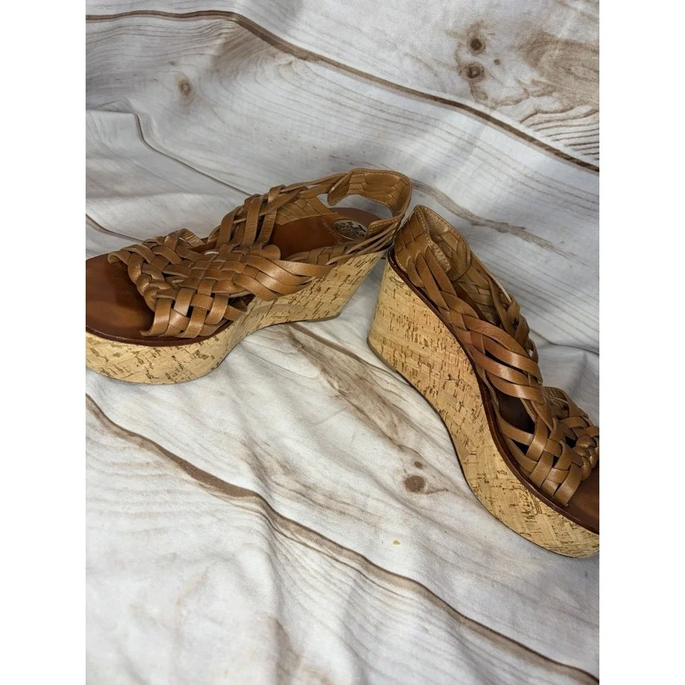 Tory Burch Tan Woven Leather Cork Platform Wedge Sandals Huarache Size 8.5M